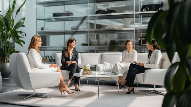 Equipa feminina a falar num escritório moderno, minimalista, soberbo, limpo.
