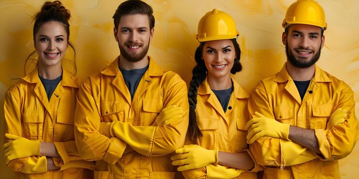 Foto equipa habilitada de trabalhadores uniformizados preparados para tarefas de limpeza conceito equipa de limpeza trabalhadores uniformizados capacitação trabalho em equipe tarefas de limpeza