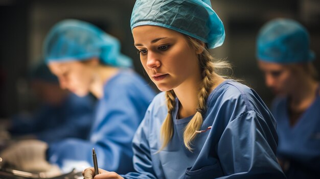 Foto equipa médica a fazer uma operação. foca na médica.