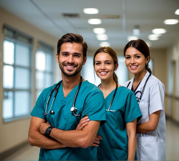 Equipa médica bem sucedida e sorrindo bem.