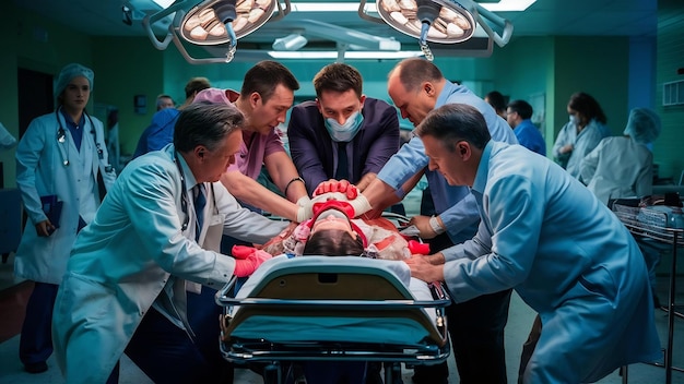 Foto equipa médica faz reanimação cardiopulmonar a um paciente gravemente ferido com máscara de oxigénio.