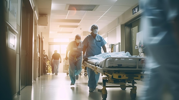 Equipa médica no corredor do hospital Serviço de assistência médica e pessoal médico