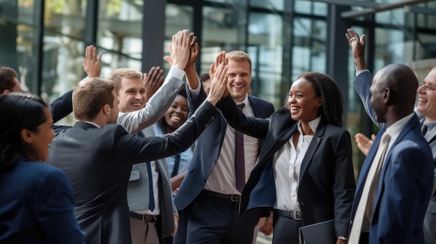 Equipa multinacional motivada dá um "five" depois de encontrar uma solução para um problema como resultado de um brainstorming bem sucedido