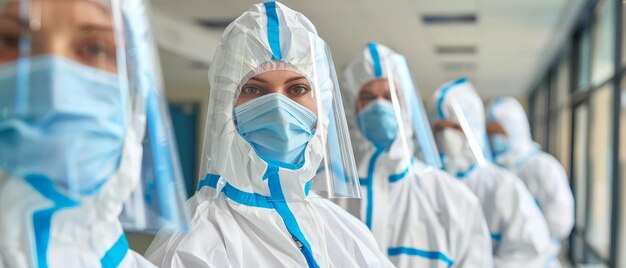 Equipa sanitária em trajes de segurança biológica, proteção intensiva, segurança limpa.