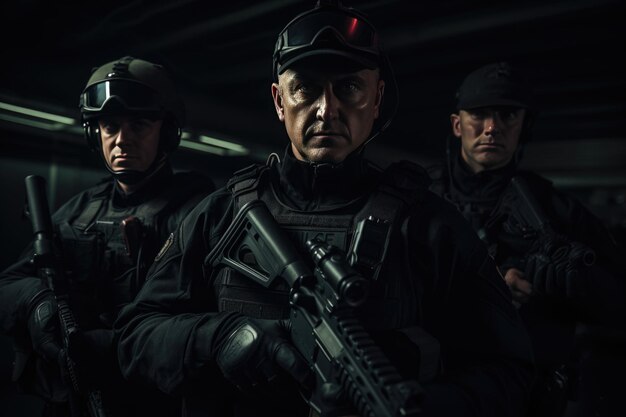 Equipa SWAT em uniforme com arma.