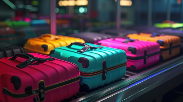 Foto el equipaje colorido en la cinta transportadora del aeropuerto está listo para viajar.