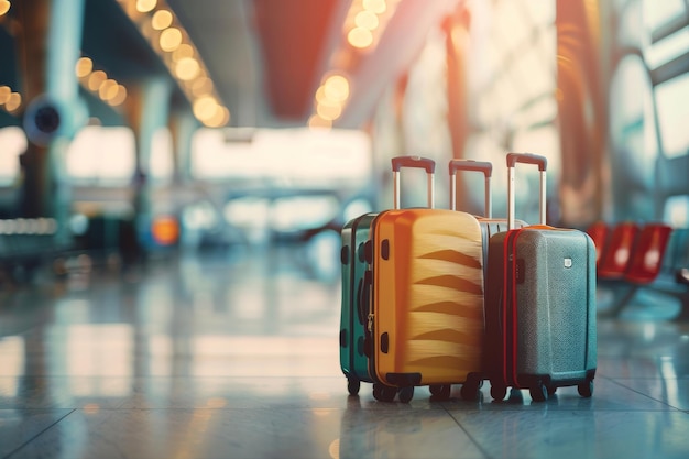 El equipaje de escape de la hora dorada espera la salida en la bulliciosa terminal del aeropuerto