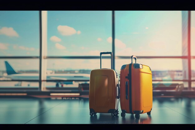 El equipaje de escape de la hora dorada espera la salida en la bulliciosa terminal del aeropuerto