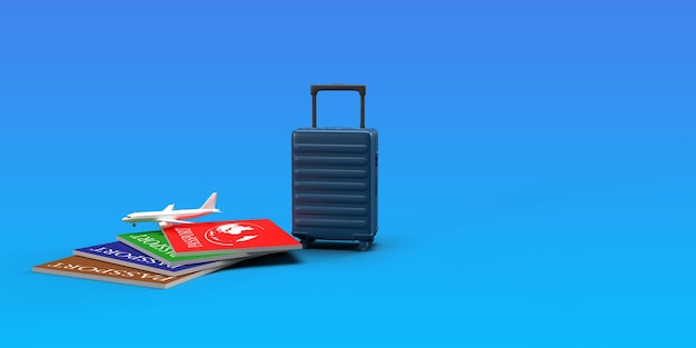 Equipaje maleta bolso pasaporte visa boleto libro avión ala vuelo copia espacio símbolo viaje negocio viaje turismo viaje transporte vuelo mundial global planeta internacional3d render