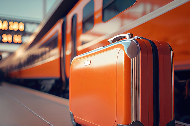 Equipaje naranja en una estación de tren frente a un tren hecho con IA generativa