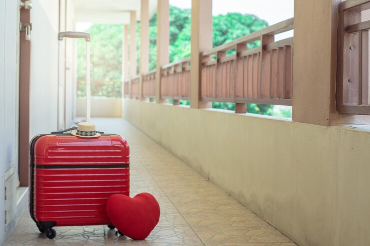 Equipaje rojo con corazón rojo en borroso para actividad estilo de vida al aire libre