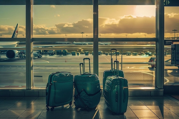 El equipaje en la terminal del aeropuerto internacional al atardecer