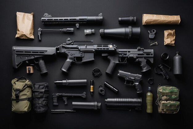 Foto equipamento de airsoft no fundo plano preto com