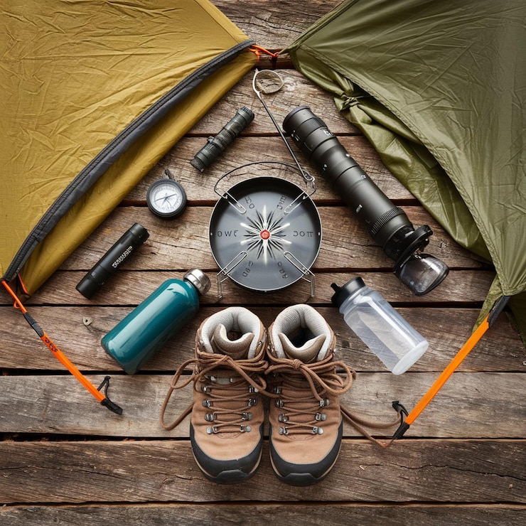 Foto equipamento de aventura, incluindo sapatos, saco de bússola, pacote, tocha de acampamento