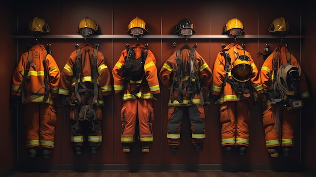 Foto equipamento de bombeiros pendurado em ganchos traje de segurança para bombeiros generativo ai