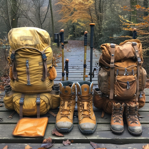 Foto equipamento de caminhadas, botas de mochila, postes e escorregadores