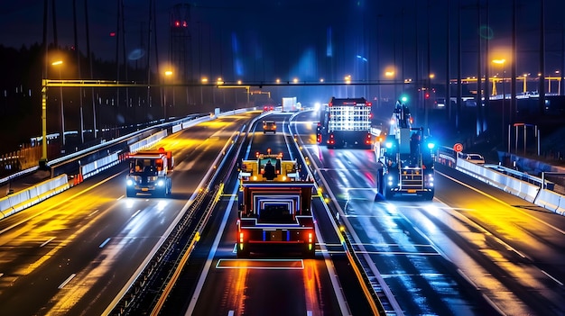 Equipamento de construção autônomo iluminando um projeto de infraestrutura rodoviária noturna