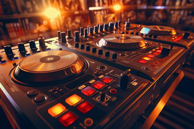 Equipamento de DJ em um clube com fundo desfocado