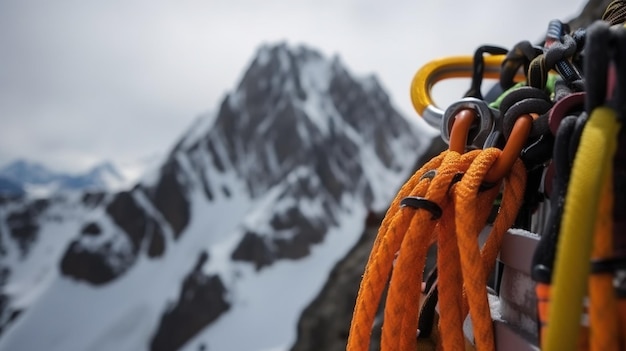 Equipamento de escalada para atividades ao ar livre em montanhas cobertas de neve picos fundo AI gerado