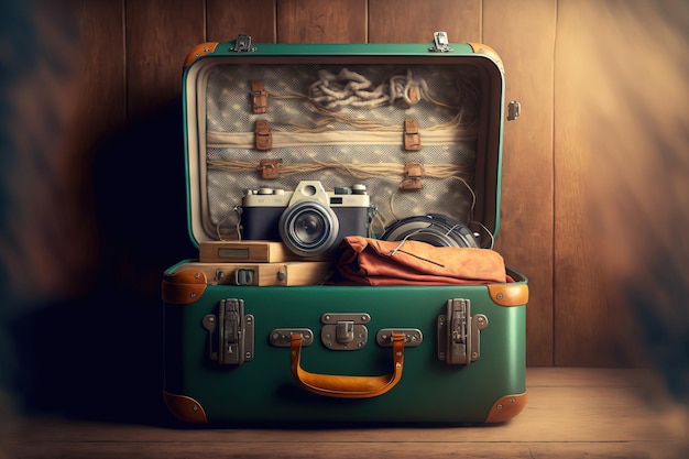 Equipamento de férias embalado em uma mala contra um fundo de madeira