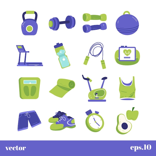 Equipamento de Fitness Vector Dumbbells Kettlebell Escala Vestuário Garrafa de Água Temporizador e Mais
