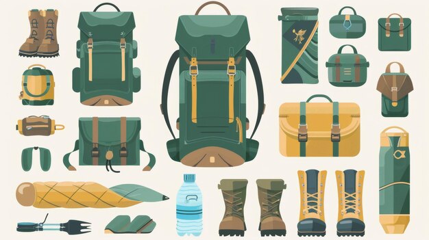 Equipamento de garrafa de água de mochila de caminhada Accessoiros de bagagem de viagem de mochila para acampamento Turistas colocam botas de trekking tapete de dormir Ilustração plana moderna isolada em branco