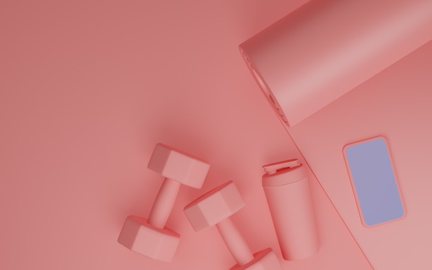 Equipamento de ginástica esportiva: maquete de celular com tela branca, tapete de ioga, garrafa de água, halteres na cor rosa