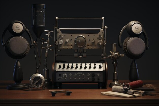 Equipamento de gravação de podcast histórico