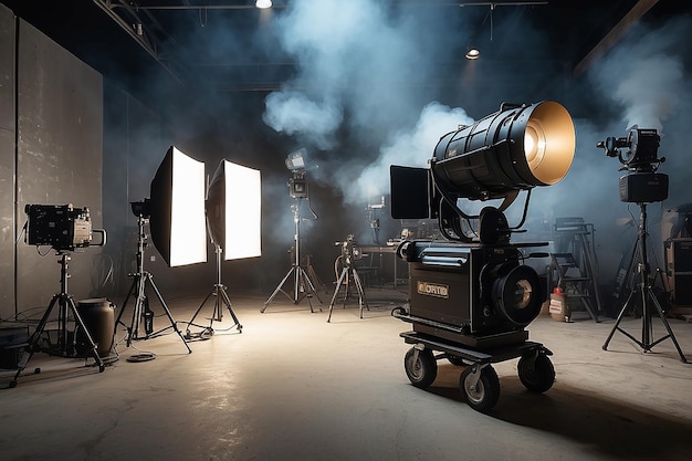 Equipamento de iluminação profissional no set de filmagem com fumaça no ar