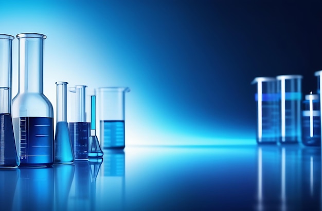 Foto equipamento de laboratório copos e frasco com fundo azul