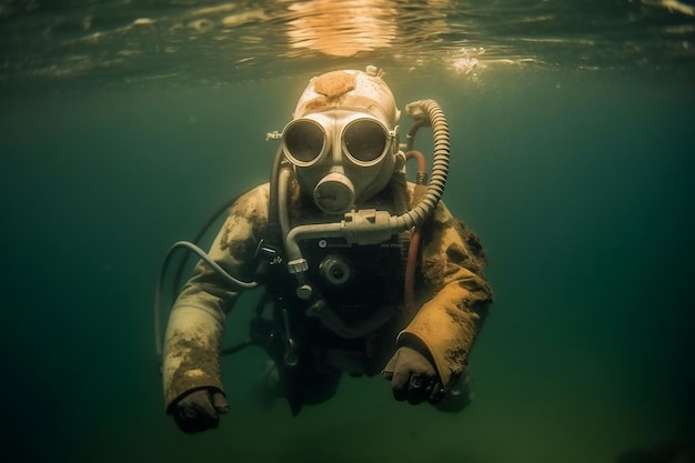 Equipamento de mergulho vintage revelando o antigo traje de corpo inteiro e IA geradora de capacete