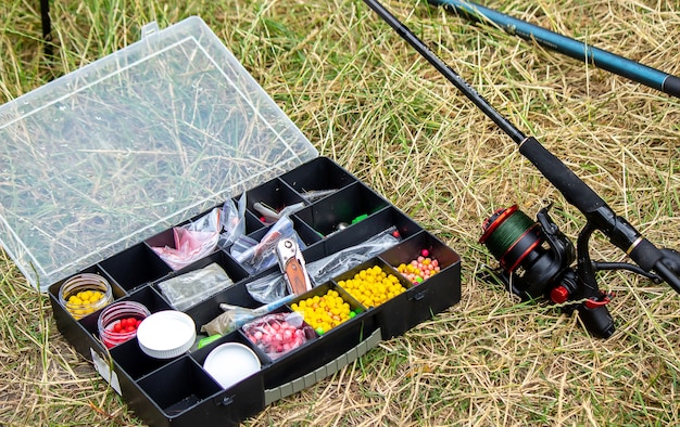 Equipamento de pesca na margem do rio, vara de isca, vara de fiar, peixe. Natureza. Foco seletivo