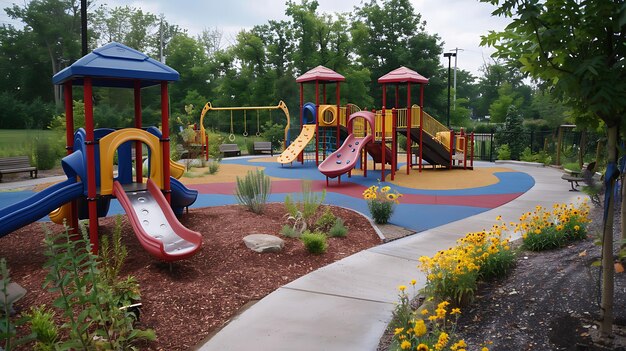 Foto equipamento de playground colorido em um parque com superfície de segurança de borracha e cercado por árvores e flores