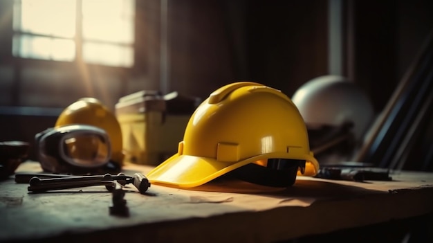 Equipamento de segurança e trabalho em equipe Capacete amarelo na mesa do local de trabalho com equipe de construção