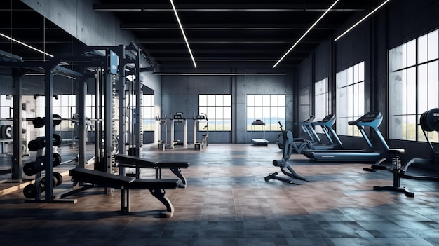 Equipamento de treinamento de peso do clube de fitness ginásio interior moderno