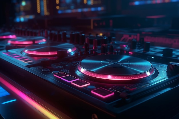 Equipamento de um DJ em um clube com luzes de neon