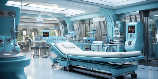 Equipamento e dispositivos médicos numa sala de cirurgia moderna