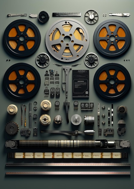 Equipamento e ferramentas de cinema vintage em fundo escuro