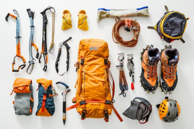 Equipamento essencial de escalada no gelo para aventura em fundo branco