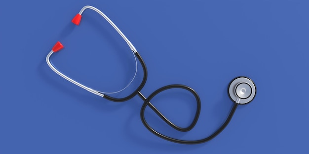 Equipamento médico de estetoscópio em fundo azul Ilustração 3d do conceito de diagnóstico cardio de exame de saúde