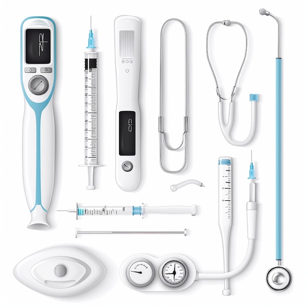 Equipamento médico Set de termômetros Seringas Estetoscópio Dispositivo de medição de pressão etc.