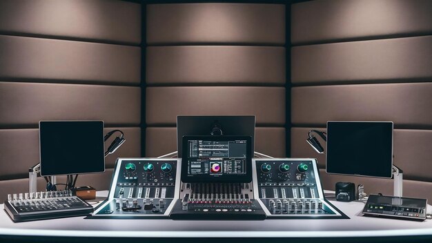 Foto equipamento moderno na secretária do estúdio de rádio