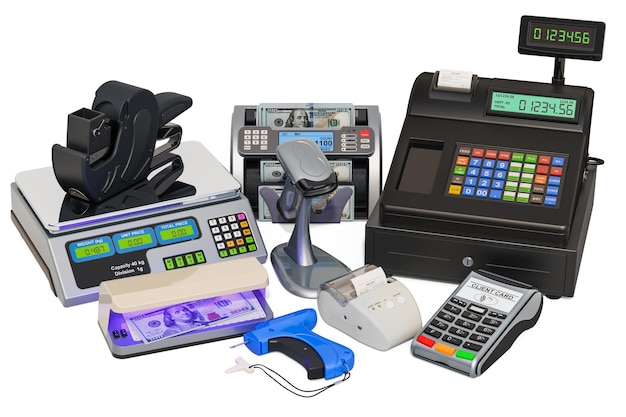 Foto equipamento pos impressora de recibos de caixa registradora leitor de código de barras máquina de contagem de dinheiro posterminal etiqueta de preço arma de etiqueta arma e detector notas renderização em 3d