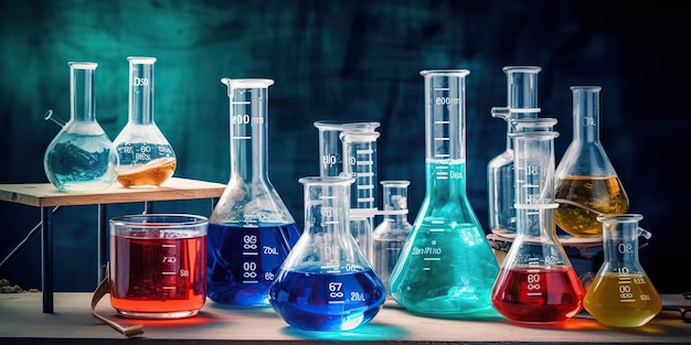 Equipamento técnico de laboratório de química generativa gerada por IA com muitos frascos de vidro para pesquisa de medicamentos Arte Gráfica