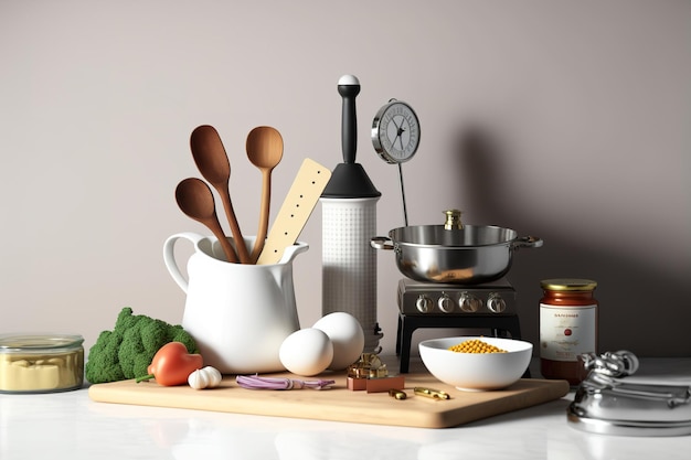 Equipamentos e utensílios de suprimentos de cozinha em uma mesa de balcão branca