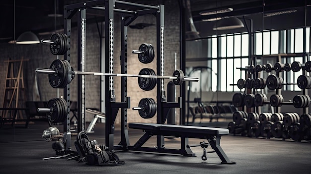 Equipamentos esportivos modernos de ginástica leve na academia Barbells de peso diferente no rack