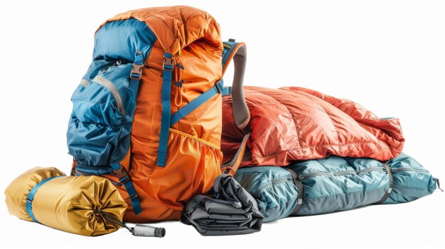 Equipamiento para acampar en una mochila con fondo blanco