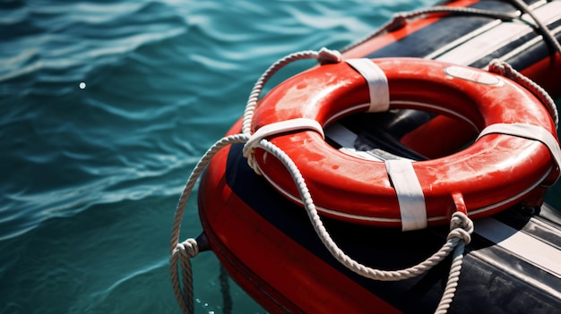 Equipamiento de seguridad con cuerda náutica y boya salvavidas roja