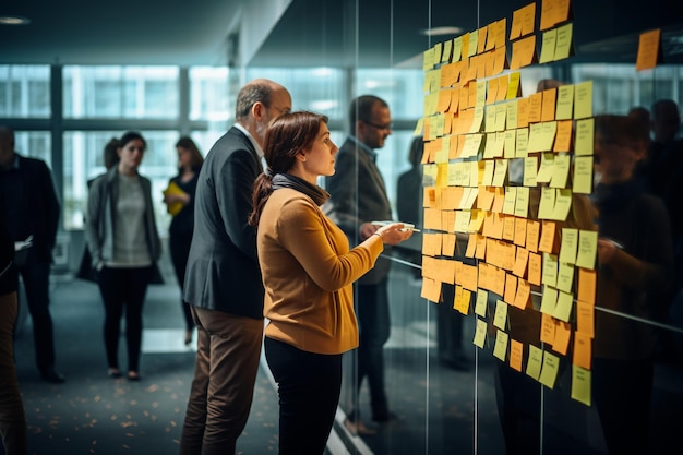 Foto equipe analisando o plano do projeto em notas adesivas com ia gerada