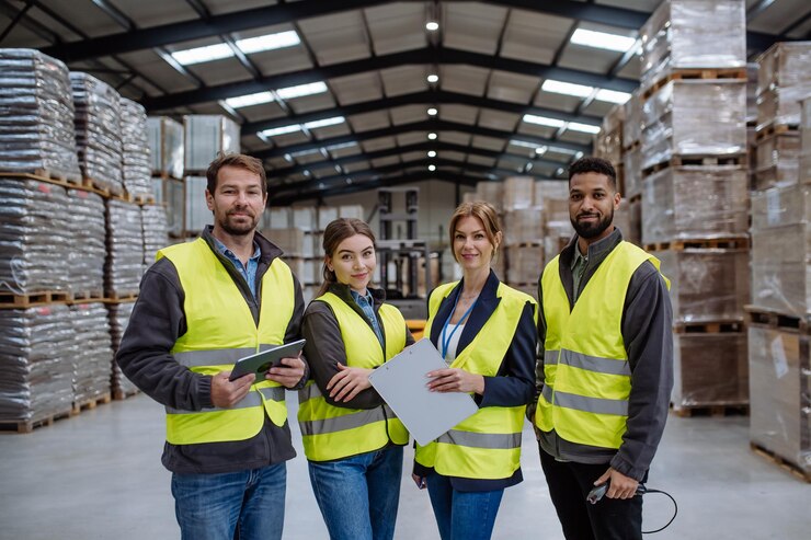 Foto equipe cheia de funcionários do armazém de pé no armazém equipe de trabalhadores em reflexo